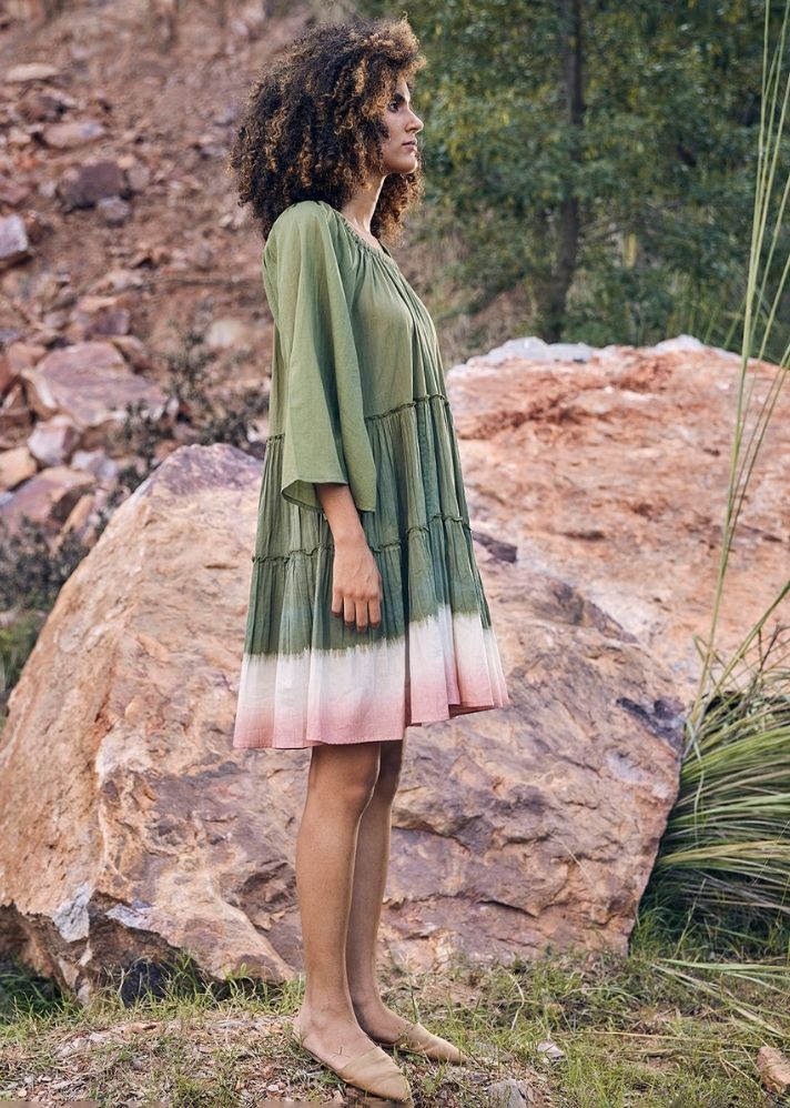 A Model Wearing Green Pure Cotton Afar Times Dress curated by Only Ethikal