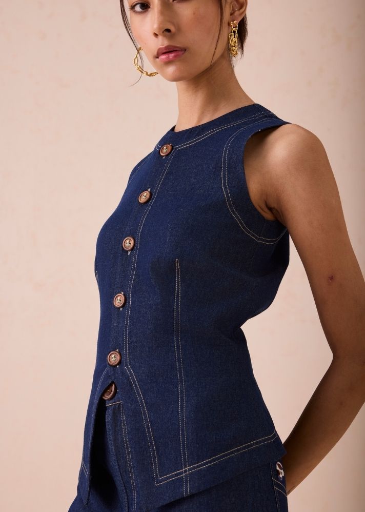 A Model Wearing Blue Denim The Daydream Denim Waistcoat, curated by Only Ethikal