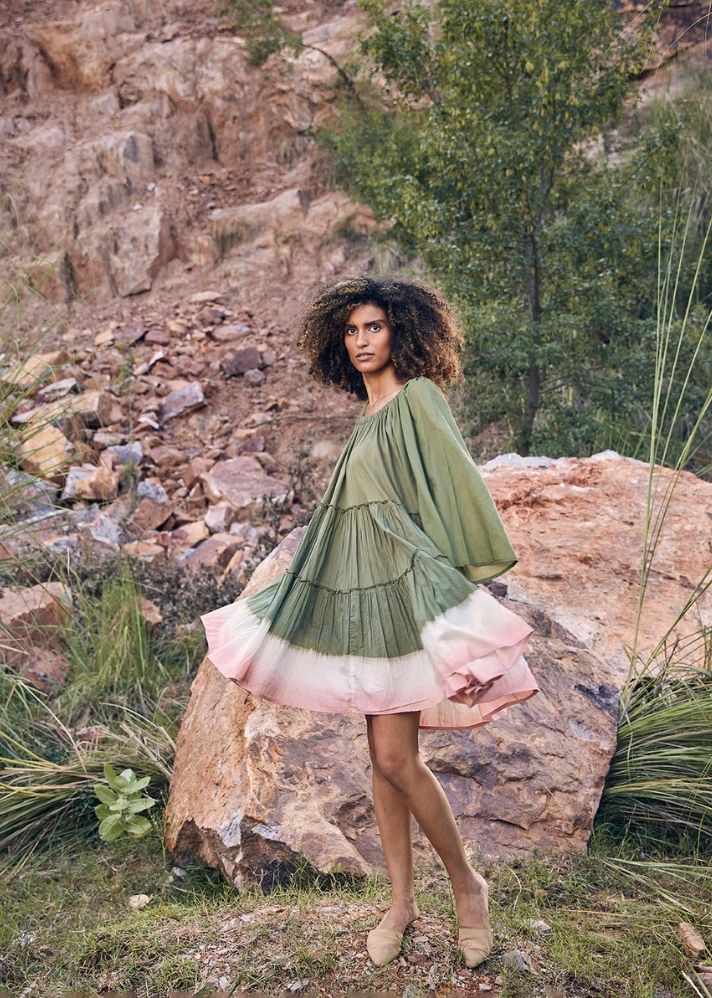 A Model Wearing Green Pure Cotton Afar Times Dress curated by Only Ethikal