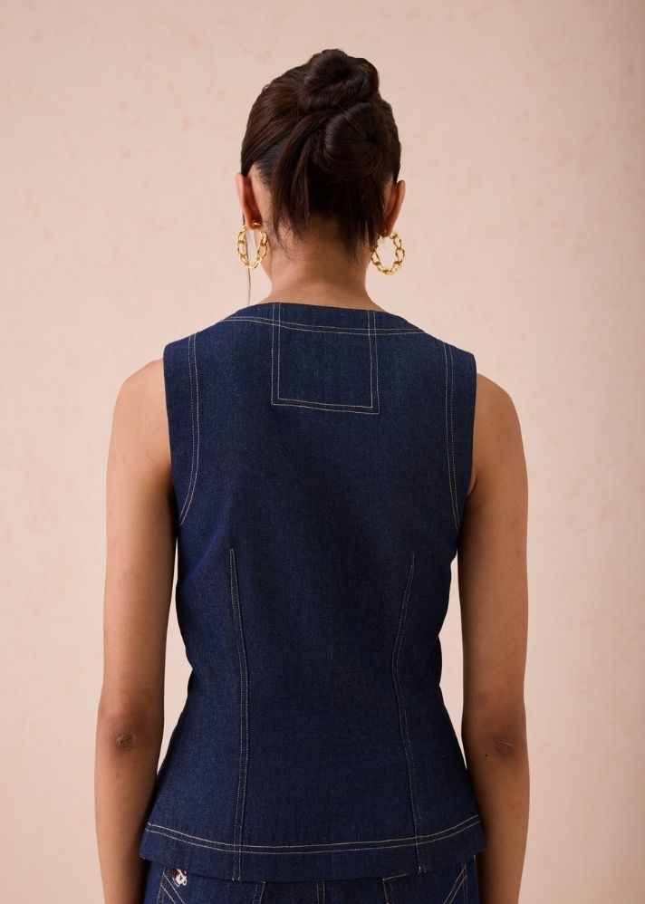 A Model Wearing Blue Denim The Daydream Denim Waistcoat, curated by Only Ethikal
