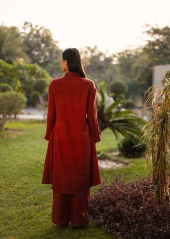 A Model Wearing Brown Wool Aleeza Set- Maroon, curated by Only Ethikal