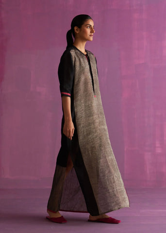Faiza Metallic Linen Dress- Black