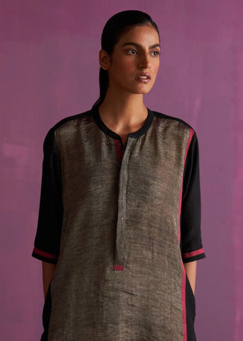 Faiza Metallic Linen Dress- Black