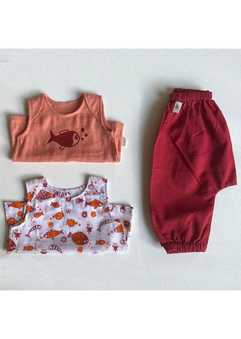 Unisex Organic Koi Jhabla Pj Bag - Koi Red Jhabla & Peach Jhabla With Red Pants