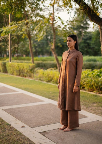 A Model Wearing Brown Wool Aleeza Tunic - Brown , curated by Only Ethikal