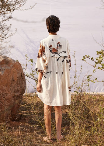 A Model Wearing White Cotton Mul Panchi Shirt,dress curated by Only Ethikal