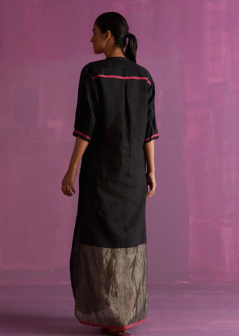 Faiza Metallic Linen Dress- Black