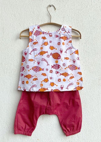 Unisex Organic Koi Jhabla Pj Bag - Koi Red Jhabla & Peach Jhabla With Red Pants