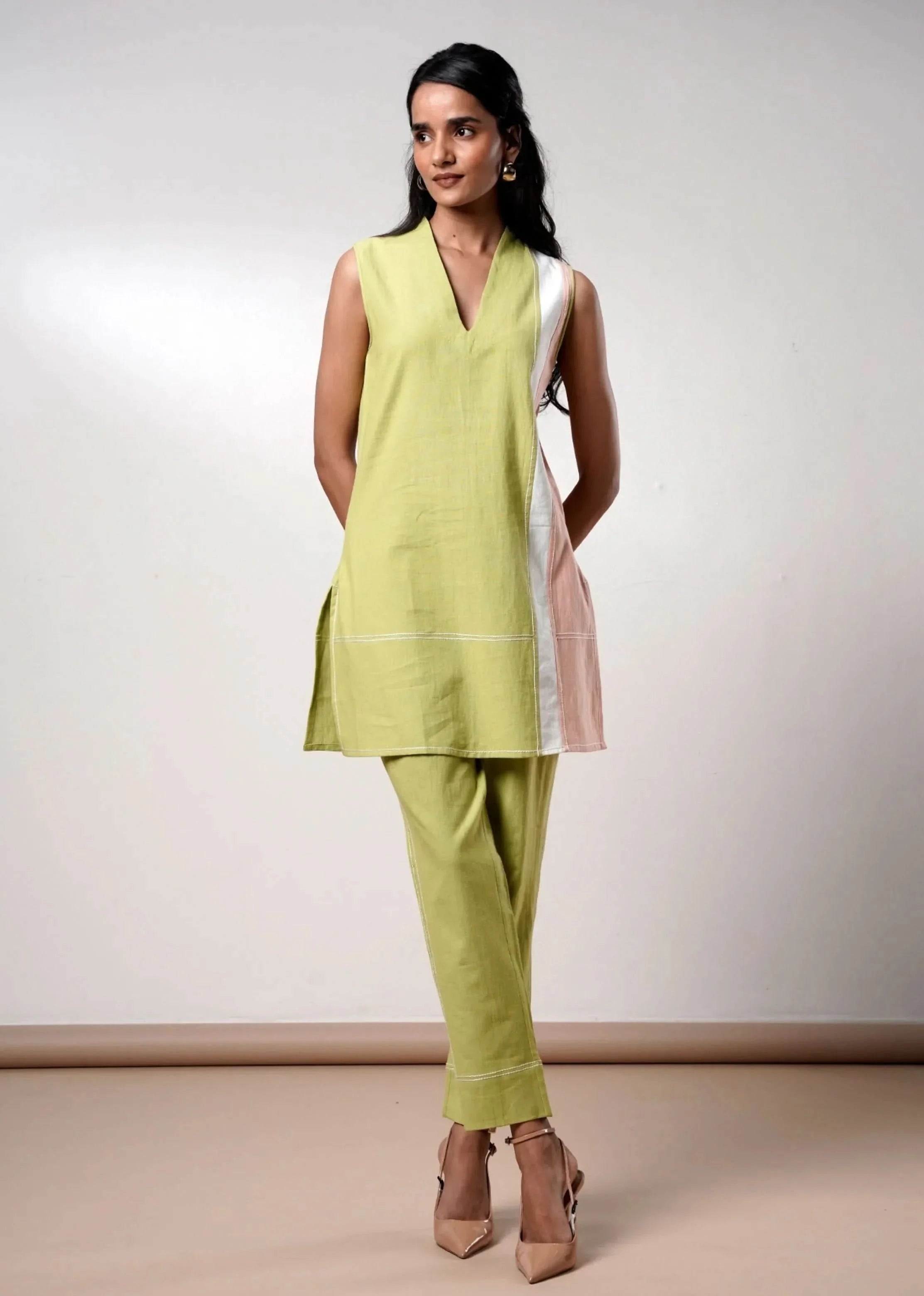 A Model Wearing Multicolor Handloom Cotton  Juniper Handloom Cotton Co-Ord Set , curated by Only Ethikal