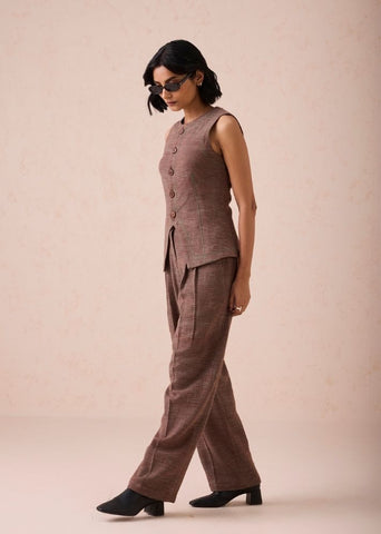A Model Wearing Brown Handwoven Cotton The Hazel Sun Handspun Handwoven Organic Cotton Waistcoat, curated by Only Ethikal