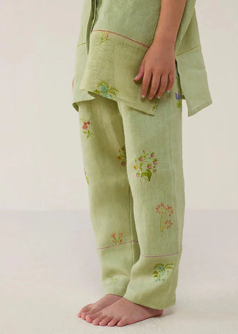 Kids Nama Floral Linen Pant- Mint