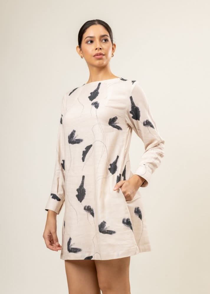 A Model Wearing Multicolor Upcycled Denim Carrie Printed Dress, curated by Only Ethikal