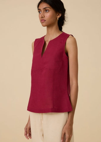 A Model Wearing Red Linen Umina Cherry Top , curated by Only Ethikal