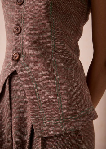 A Model Wearing Brown Handwoven Cotton The Hazel Sun Handspun Handwoven Organic Cotton Waistcoat, curated by Only Ethikal