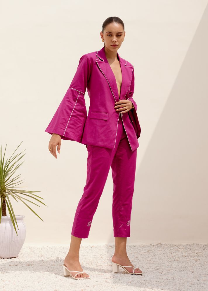 A Model Wearing Pink Hemp Magenta Joy Blazer Co-Ord Set, curated by Only Ethikal