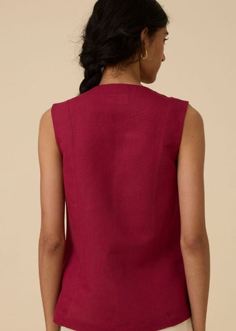 A Model Wearing Red Linen Umina Cherry Top , curated by Only Ethikal