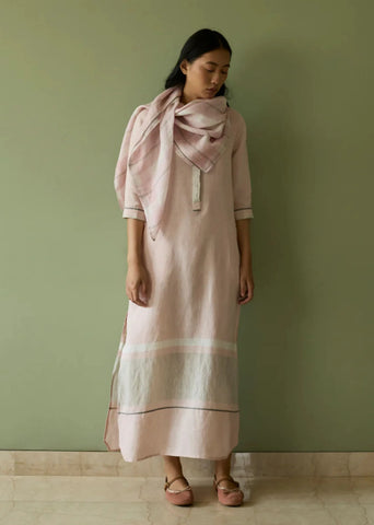 A Model Wearing Pink Linen Ilma Metallic Stripes Handwoven Linen Scarf- Blush, curated by Only Ethikal