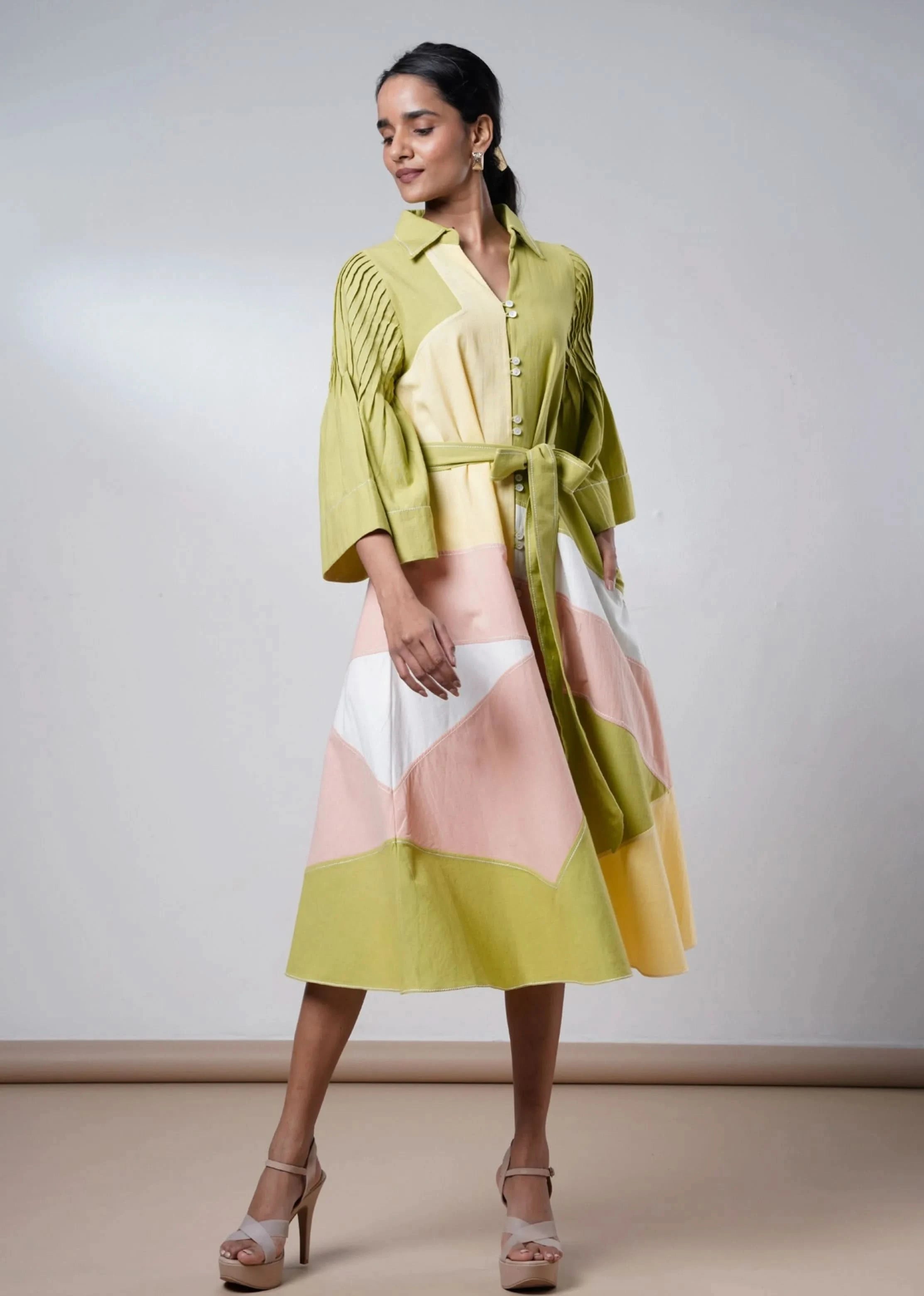 A Model Wearing Multicolor Handloom Cotton  Saylor- Grove Handloom Cotton Dress, curated by Only Ethikal