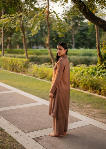 A Model Wearing Brown Wool Aleeza Set- Brown , curated by Only Ethikal