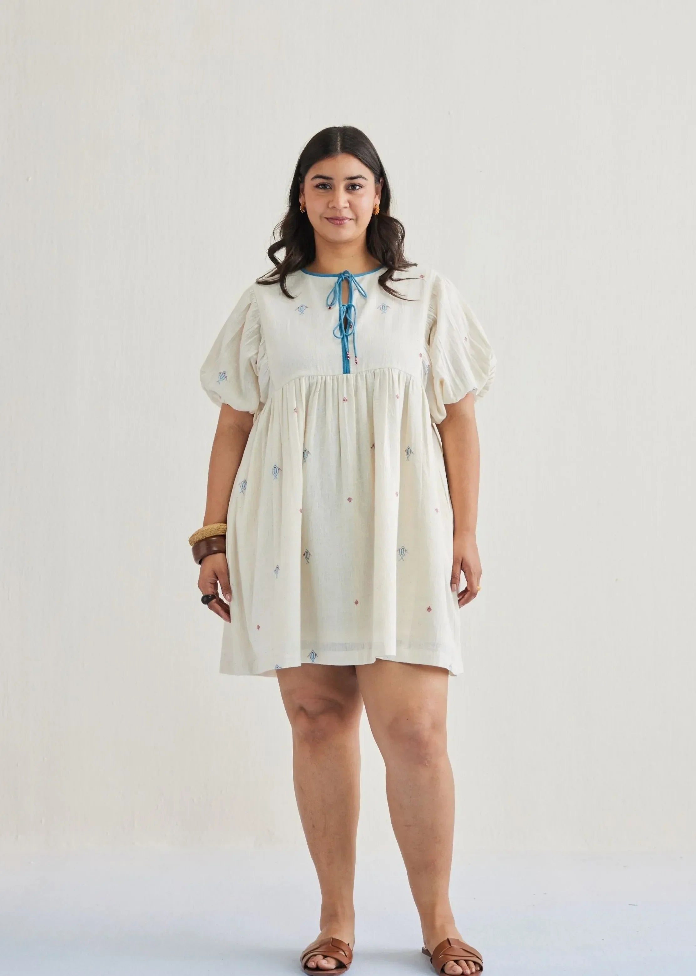 A Model Wearing Off White Handwoven Cotton Swim Free Kala Cotton Off-White Dress, curated by Only Ethikal