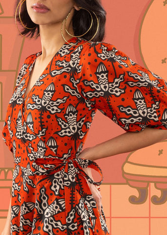 A Model Wearing Red Cotton Suzy Wrap Dress, curated by Only Ethikal