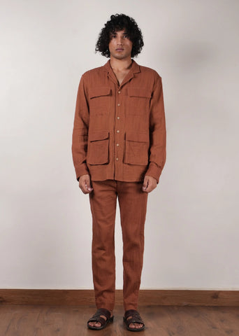 Men'S Pocket Crush Cotton Brown Shirt