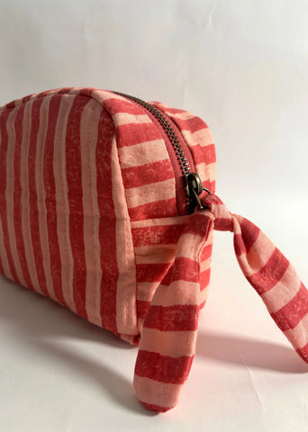 Sustainable Quilted Cotton Travel Pouch- Organizer- Pink & Red Stripes