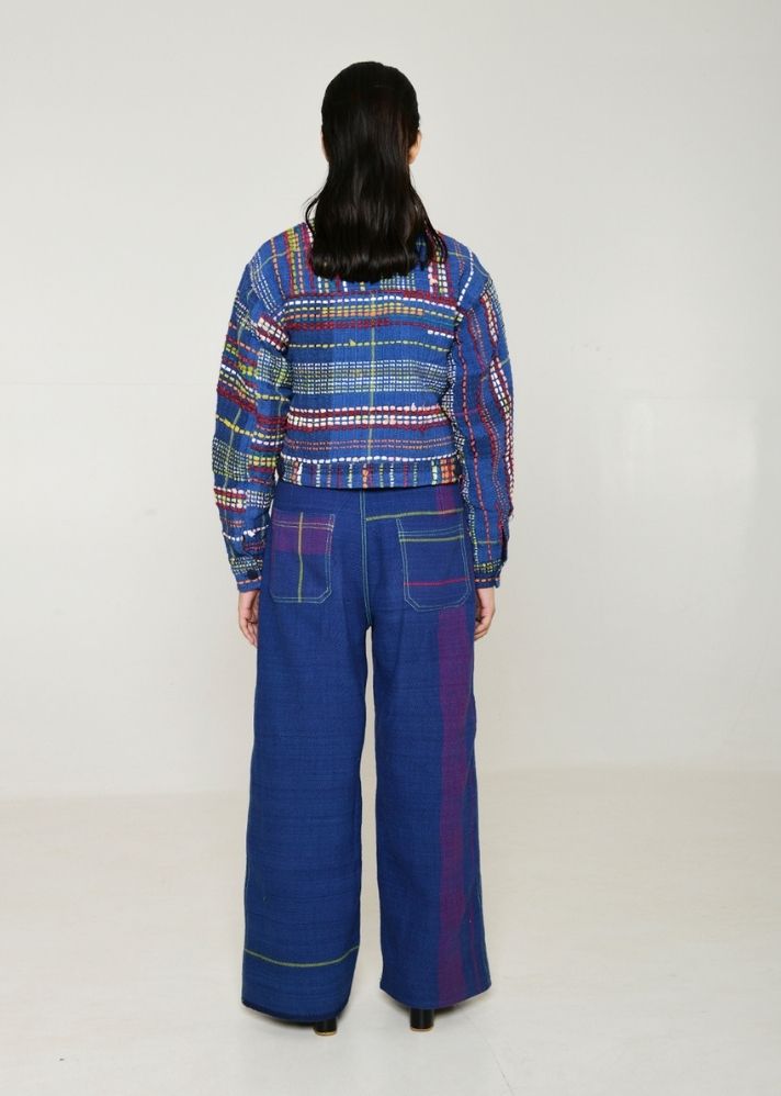 A Model Wearing Multicolor Handwoven Cotton Recycle Ashai Jacket, curated by Only Ethikal