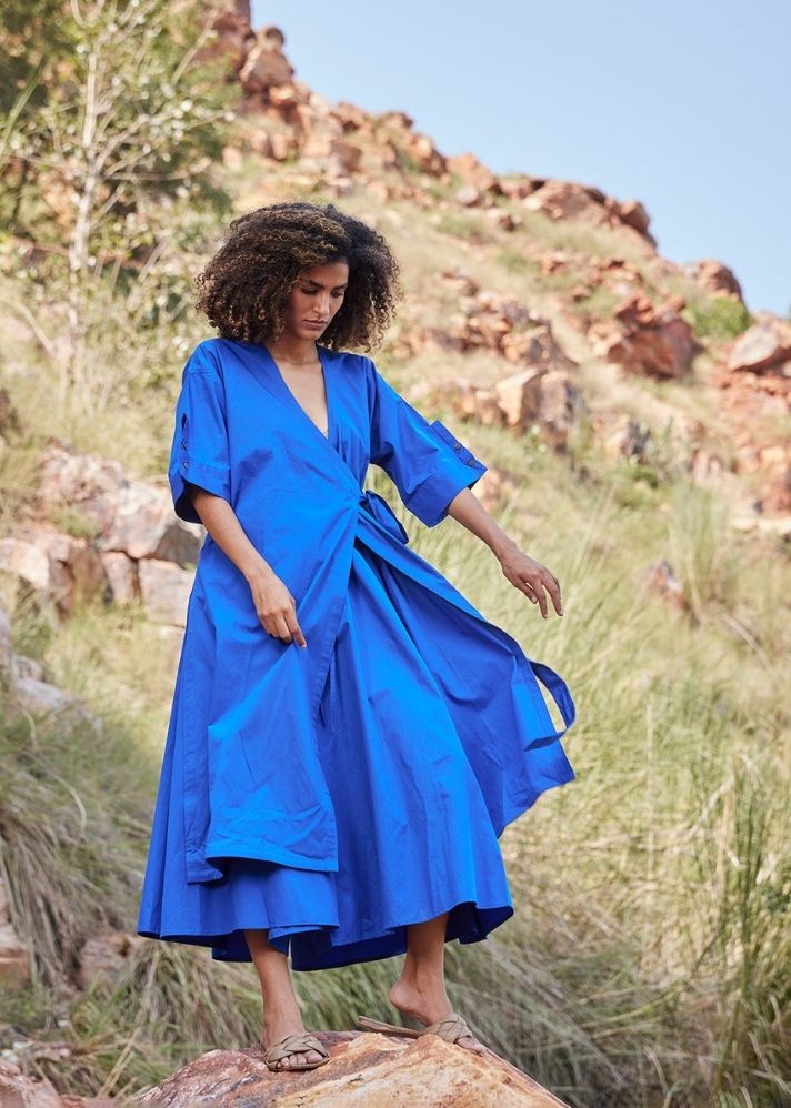A Model Wearing Blue Pure Cotton Azure's Mist Co-ord Set,curated by Only Ethikal