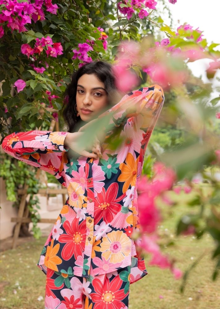 A Model Wearing Multicolor Organic Cotton Rio Shirt- Mosaic Pink Print, curated by Only Ethikal