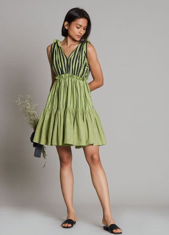 A Model Wearing  Green Pure Cotton Lakeerein Green Frill Dress, curated by Only Ethikal