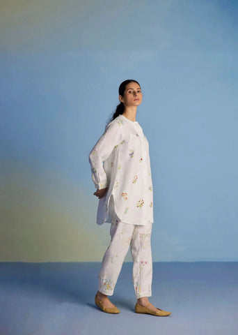 Anya Hand-Embroidered Floral Linen Co-Ord Set-White