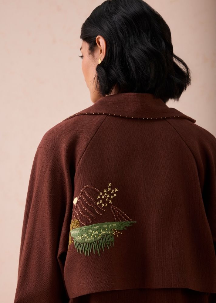 A Model Wearing Brown Handwoven Cotton Under The Sun Handspun Handwoven Organic Cotton Trench Jacket, curated by Only Ethikal