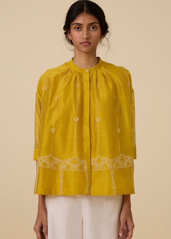 A Model Wearing Yellow Handwoven Cotton Sabeen Handwoven Embroidered Top , curated by Only Ethikal
