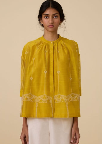 A Model Wearing Yellow Handwoven Cotton Sabeen Handwoven Embroidered Top , curated by Only Ethikal