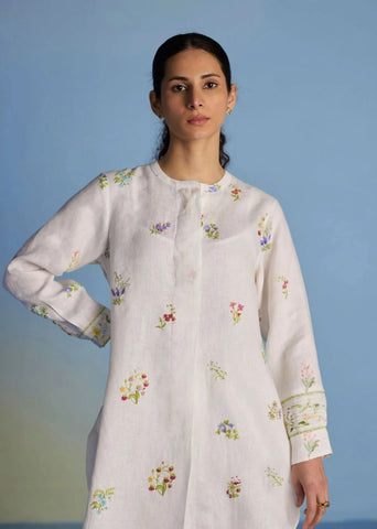 Anya Hand-Embroidered Floral Linen Co-Ord Set-White