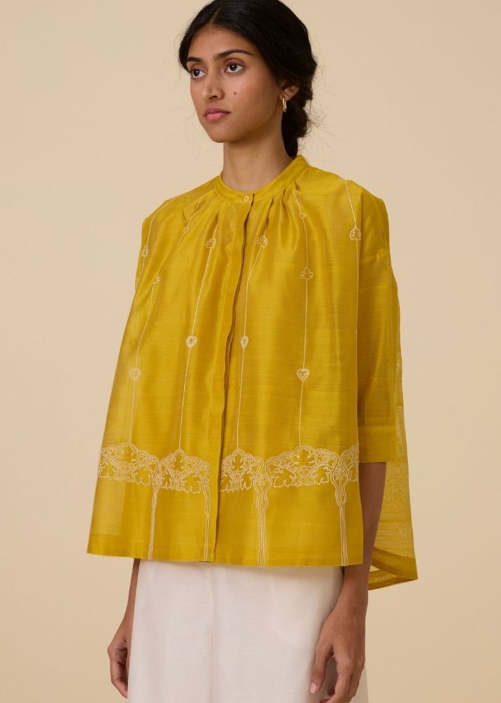 A Model Wearing Yellow Handwoven Cotton Sabeen Handwoven Embroidered Top , curated by Only Ethikal