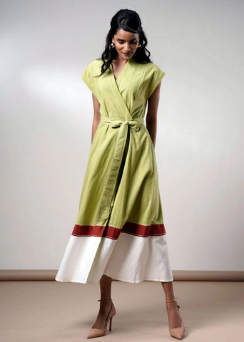 A Model Wearing Multicolor Handloom Cotton  Rihana Olive Handloom Cotton Dress, curated by Only Ethikal