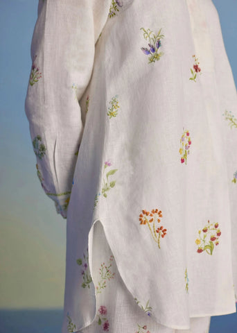 Anya Hand-Embroidered Floral Linen Co-Ord Set-White