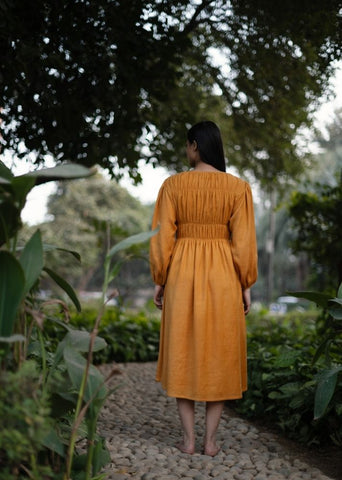 A Model Wearing Yellow Wool Sunflower Dress , curated by Only Ethikal