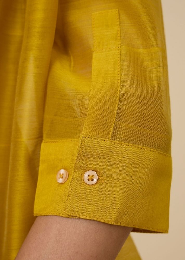 A Model Wearing Yellow Handwoven Cotton Sabeen Handwoven Embroidered Top , curated by Only Ethikal