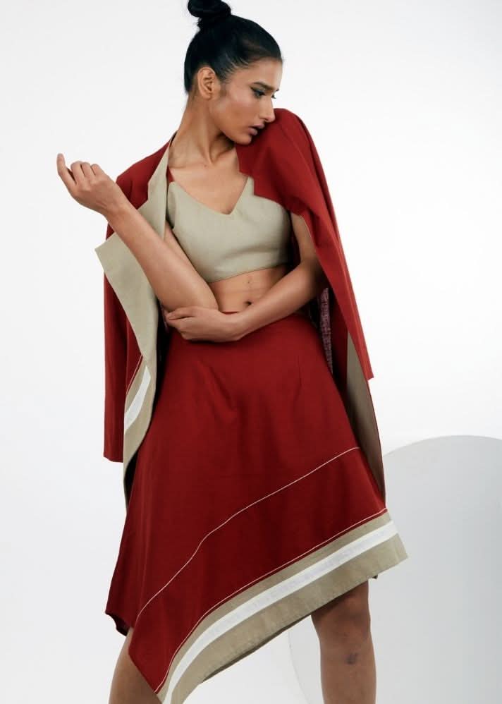 A Model Wearing Red Pure Cotton Beni Madder Red Co-Ord Set, curated by Only Ethikal