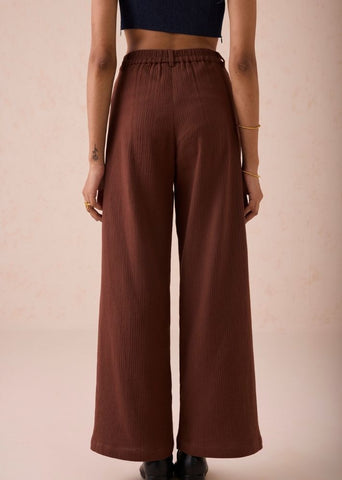 A Model Wearing Brown Organic Cotton Under The Sun Organic Cotton Trousers, curated by Only Ethikal