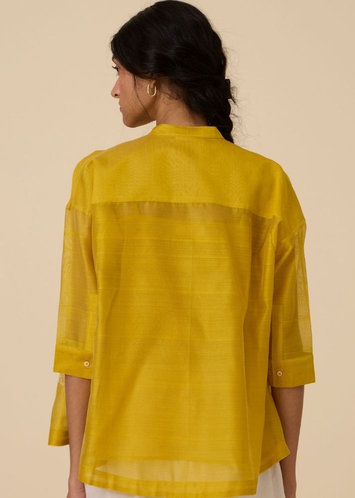 A Model Wearing Yellow Handwoven Cotton Sabeen Handwoven Embroidered Top , curated by Only Ethikal