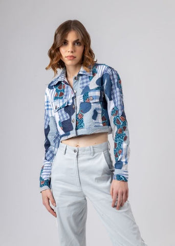 A Model Wearing Blue Upcycled Cotton June Patchwork Jacket, curated by Only Ethikal
