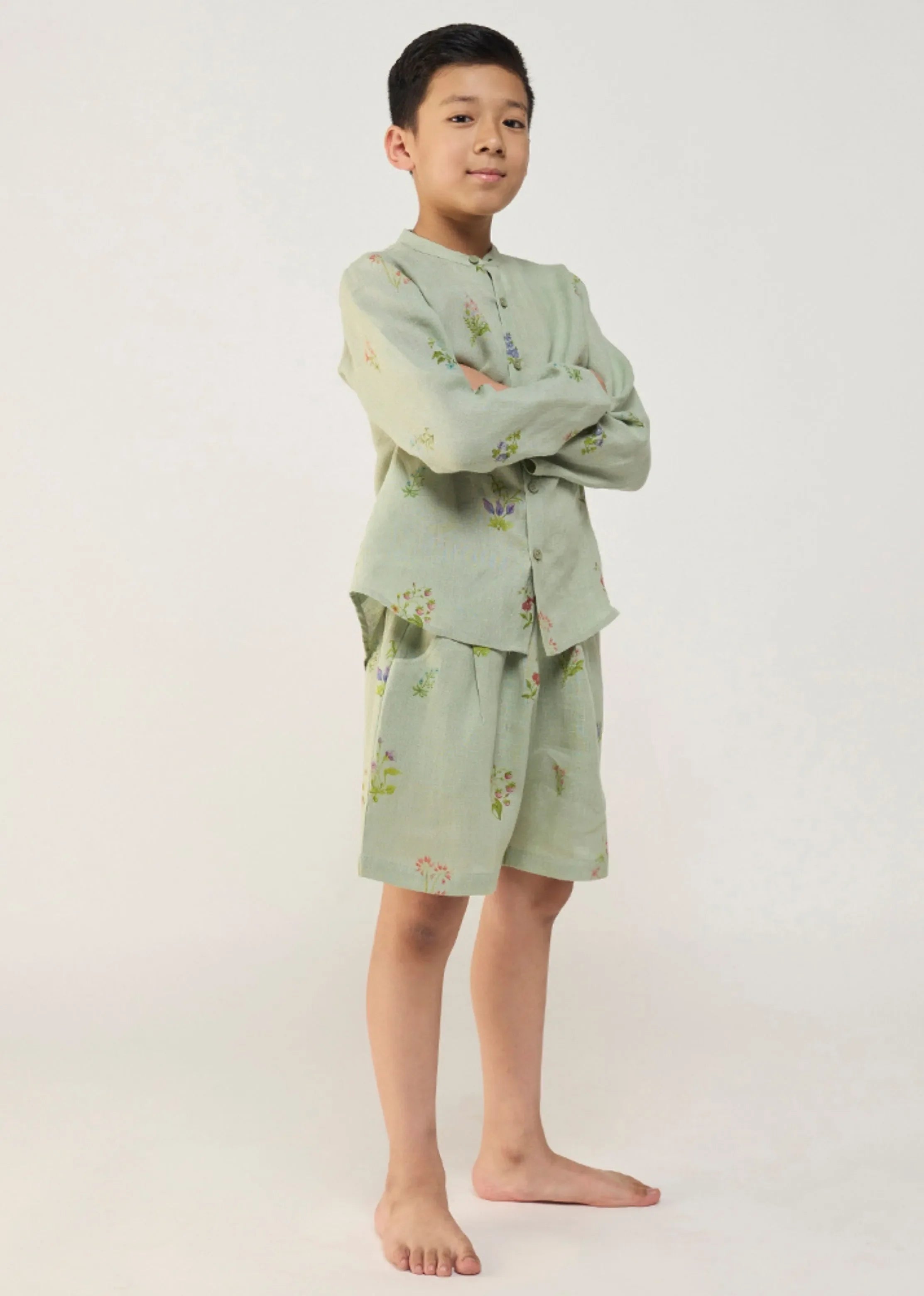 A Model Wearing Mint Linen Kids Akio Floral Linen Shirt- Mint, curated by Only Ethikal