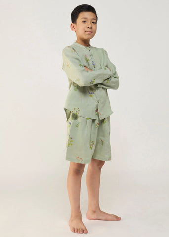 A Model Wearing Mint Linen Kids Akio Floral Linen Shirt- Mint, curated by Only Ethikal