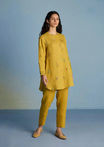Anya Hand-Embroidered Floral Linen Co-Ord Set-Ochre