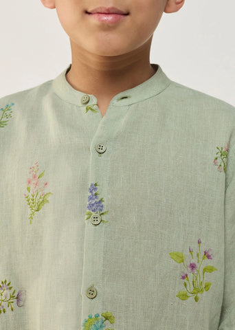 Kids Akio Floral Linen Shirt- Mint
