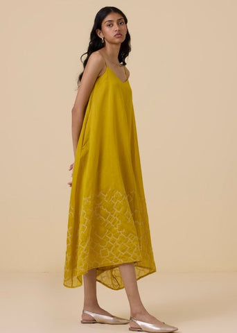 A Model Wearing Yellow Handwoven Cotton Inaya Yellow Handwoven Resort Dress , curated by Only Ethikal